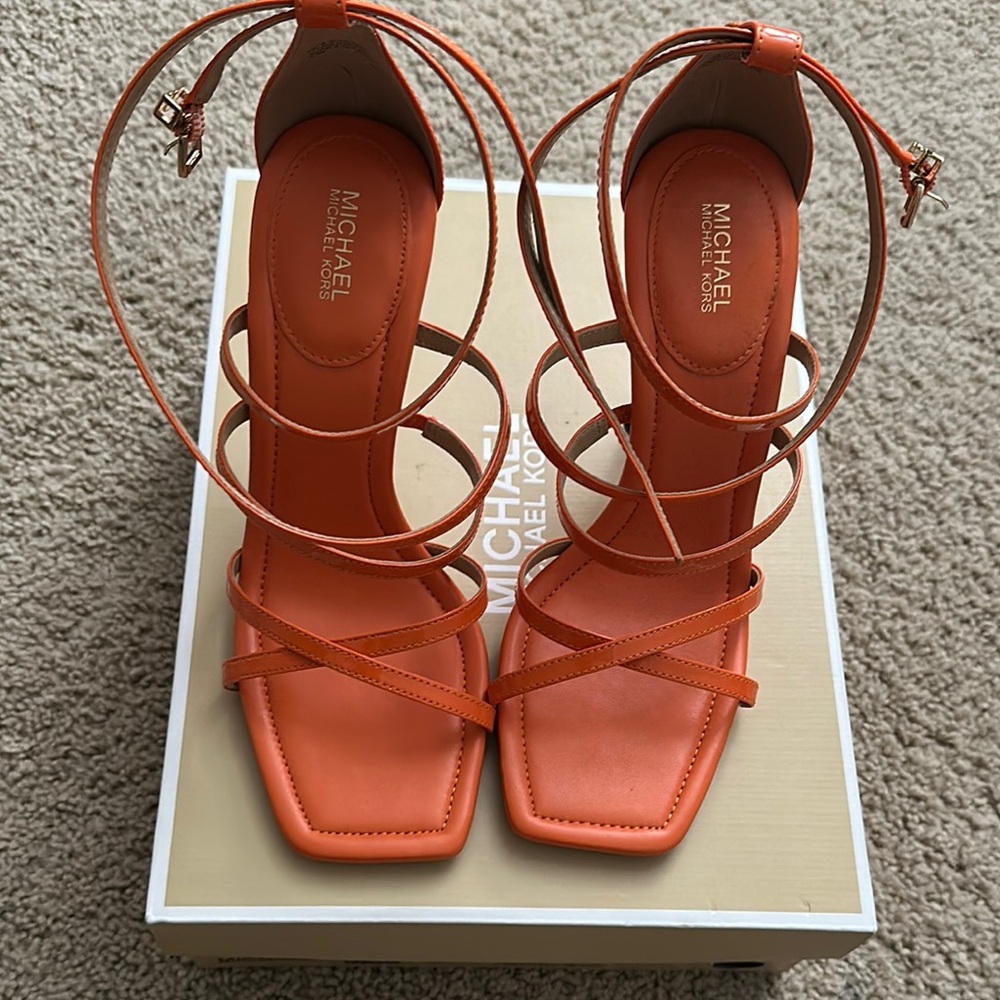 Michael Kors Orange Heeled Sandals with Strappy Design